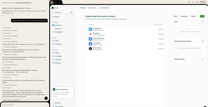 AI-powered design tool interface showing code integration