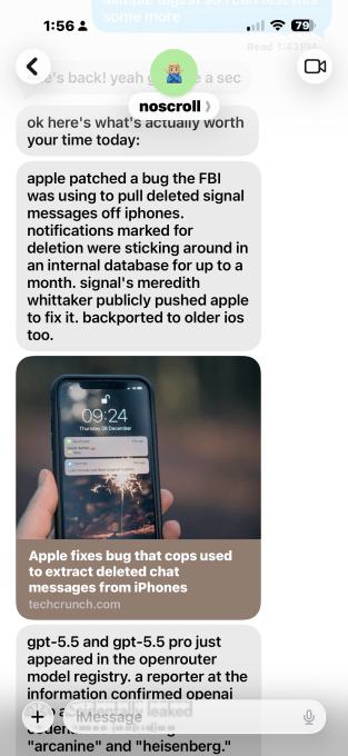Noscroll AI bot interface showing curated content feed